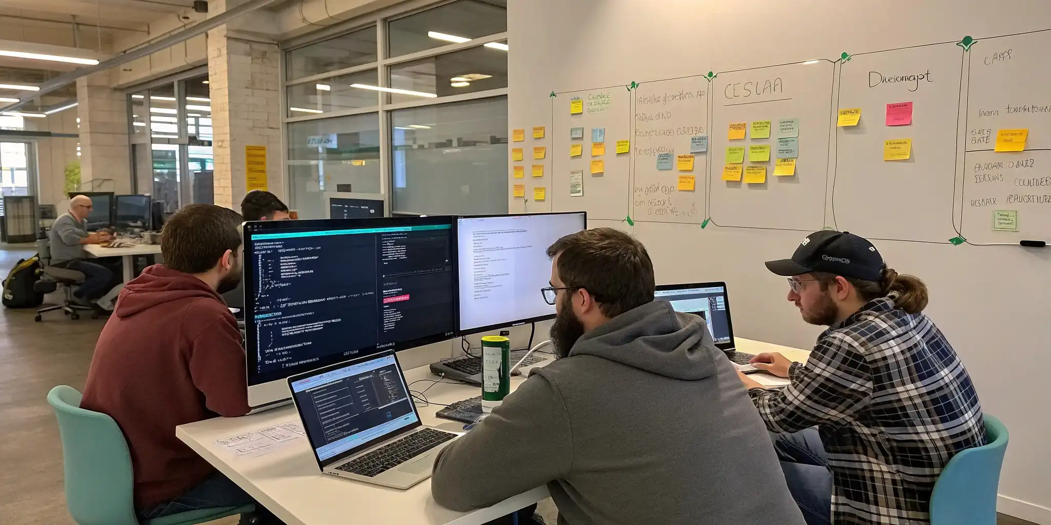 Software developers collaborating on code